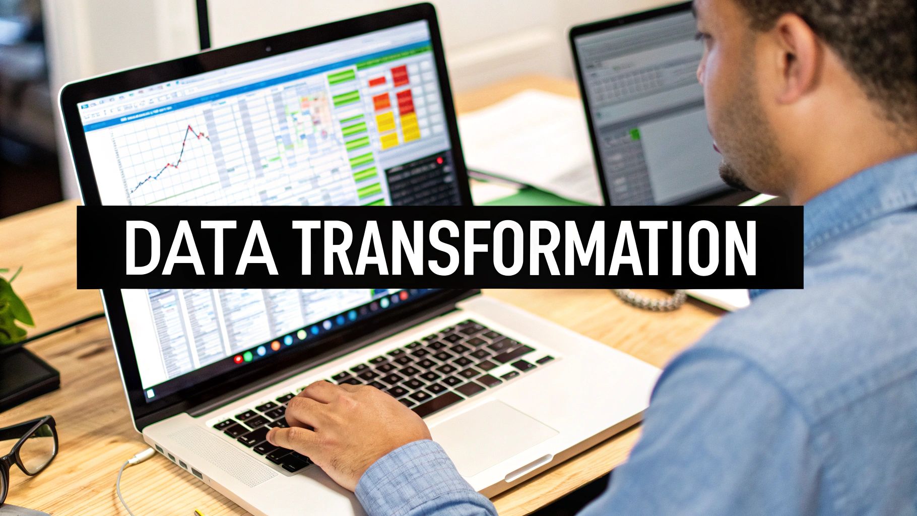A person works on a laptop showing data charts and a "DATA TRANSFORMATION" overlay.