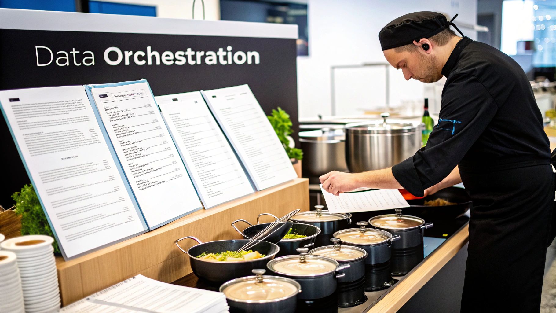 A chef in black uniform preparing food at a station with a 'Data Orchestration' sign.