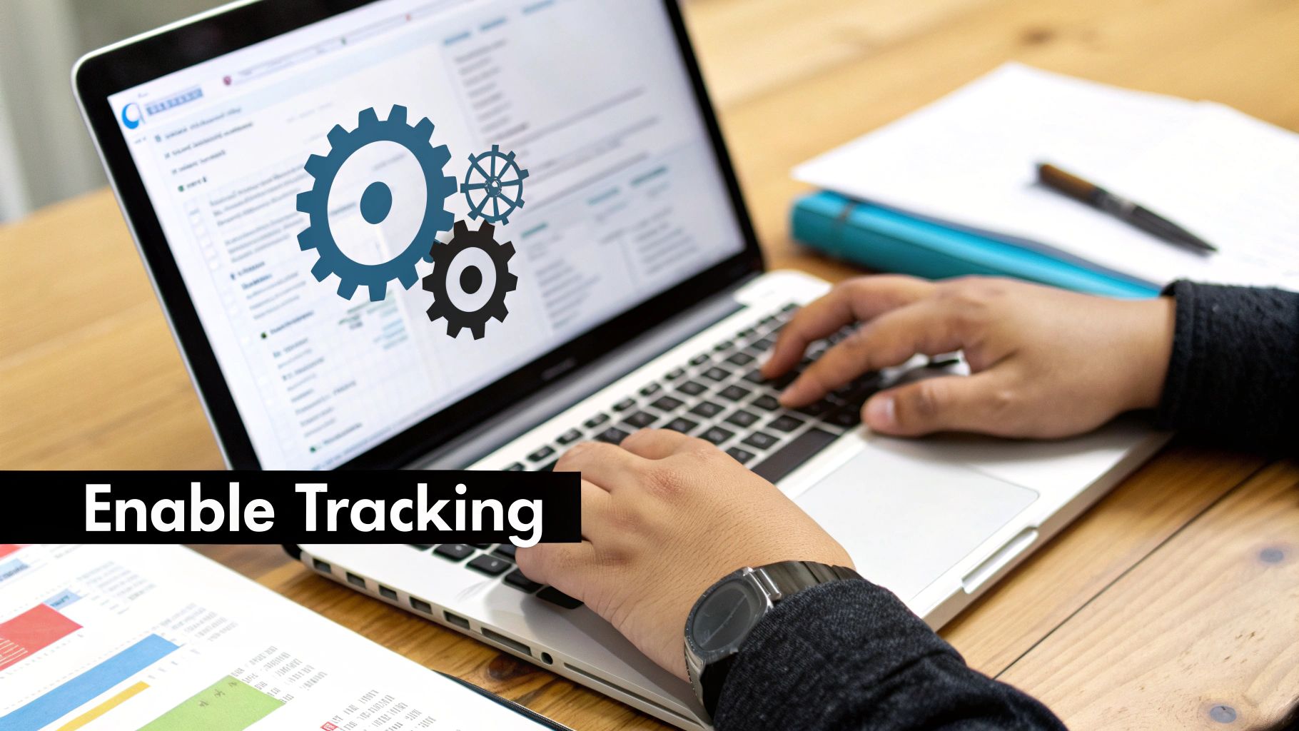 A person types on a laptop displaying 'Enable Tracking' with gears, surrounded by documents and a pen.