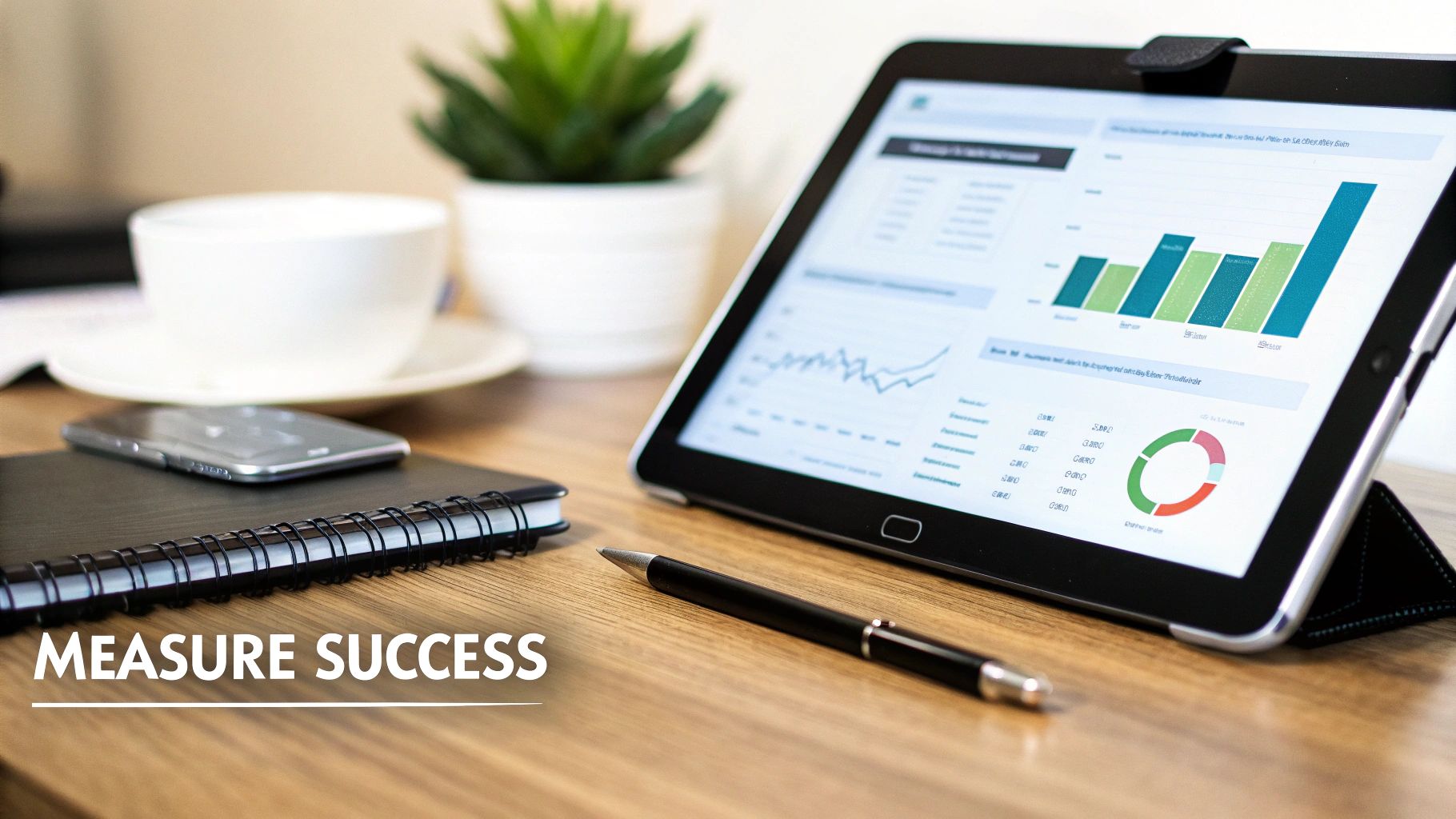 A tablet displays business charts and graphs on a wooden desk, alongside a notebook, pen, smartphone, coffee, and plant.
