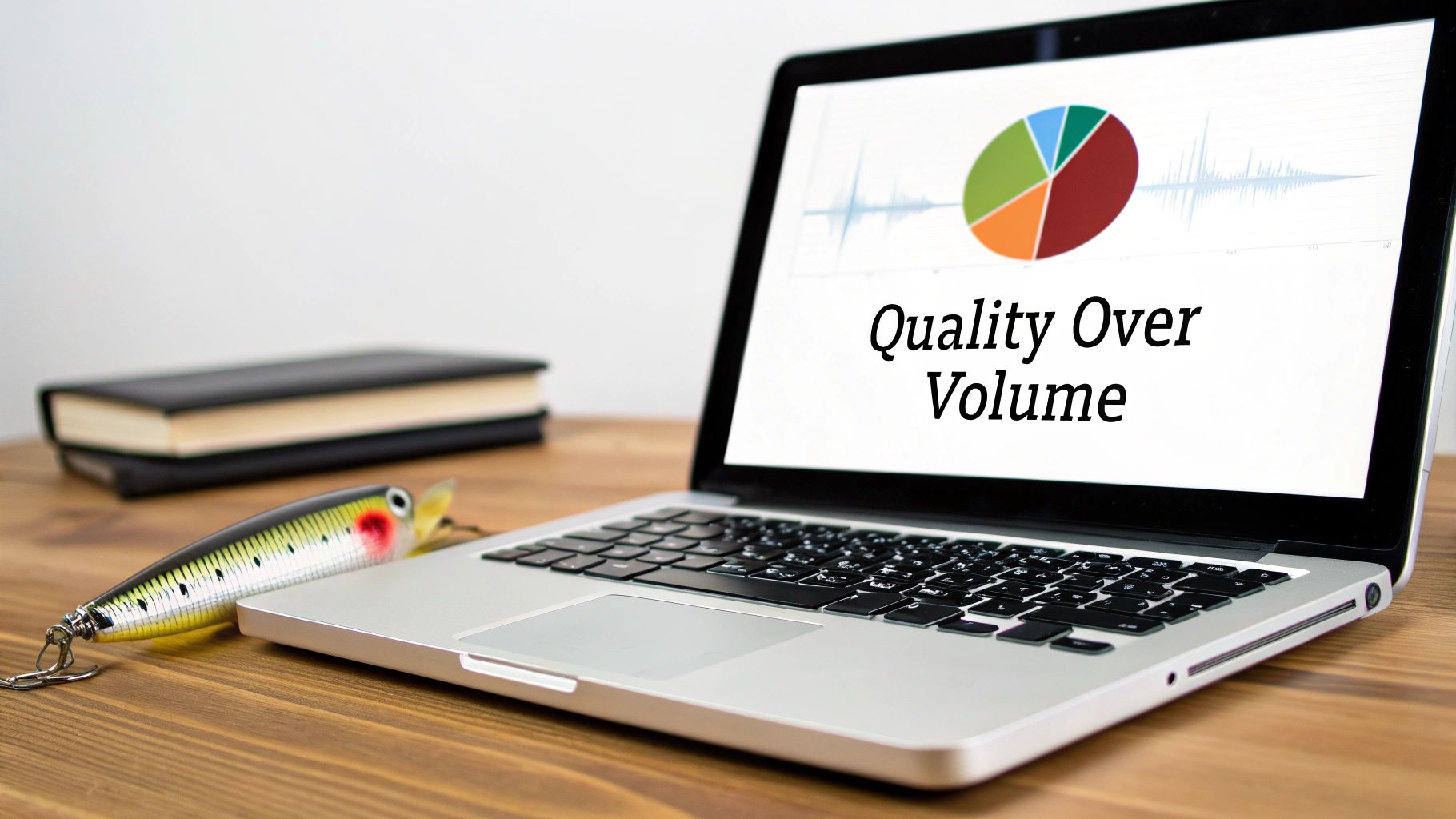 Laptop displaying quality over volume presentation with pie chart and analytics on wooden desk