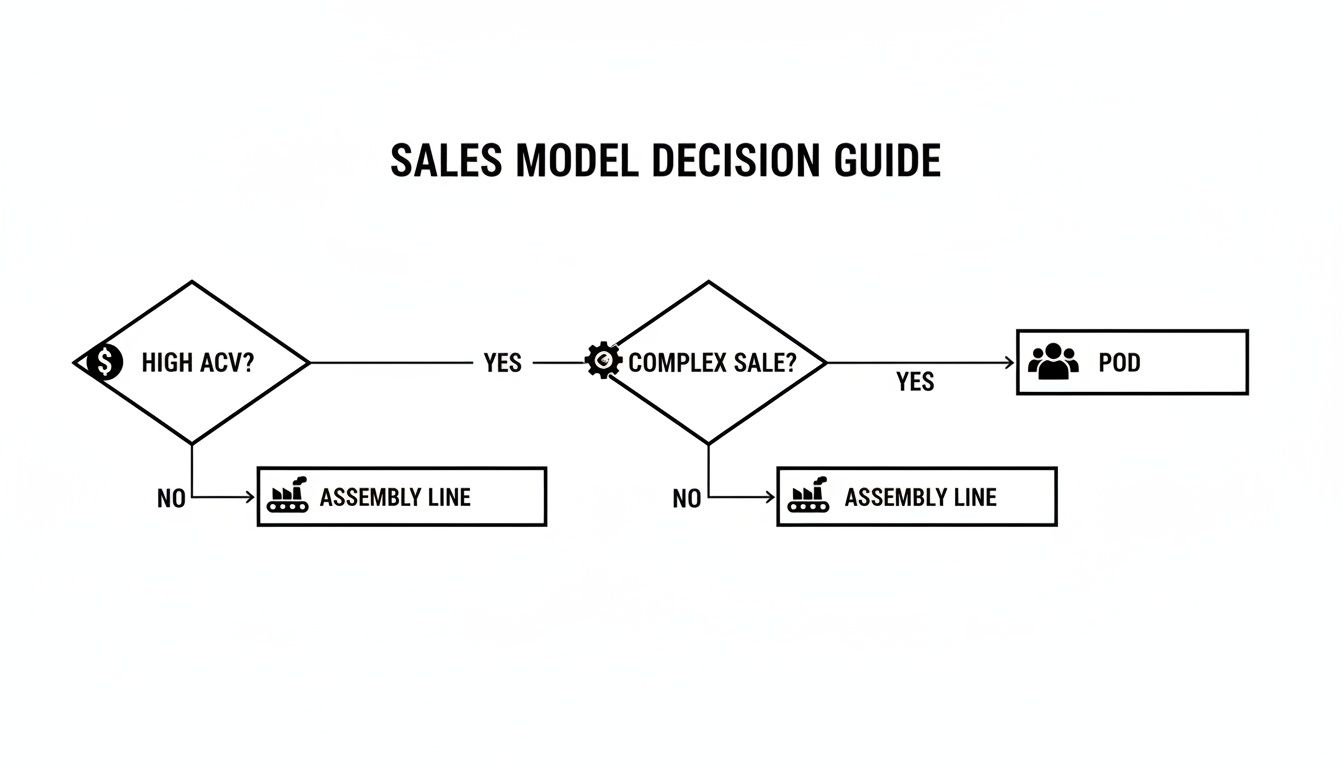 A flowchart titled 'Sales Model Decision Guide' showing decisions based on ACV and sales complexity.