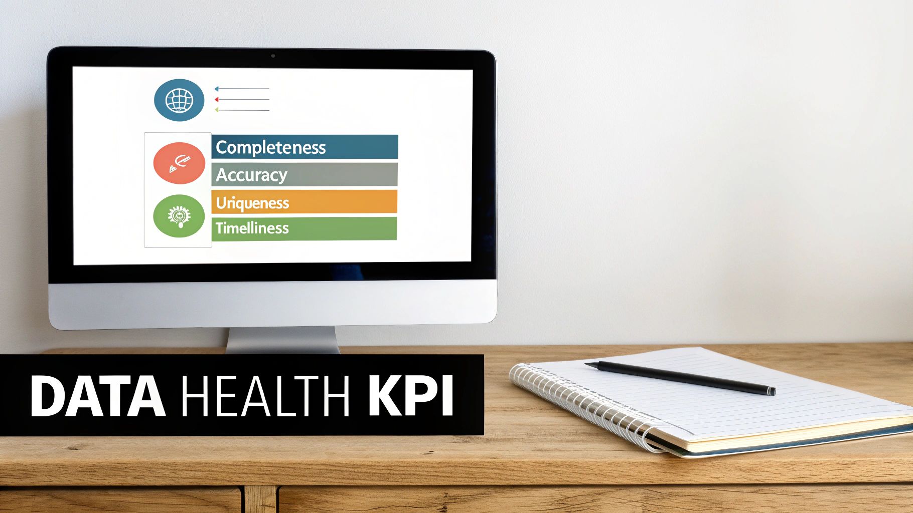 A computer monitor displays data health KPIs: completeness, accuracy, uniqueness, and timeliness, next to a notebook.