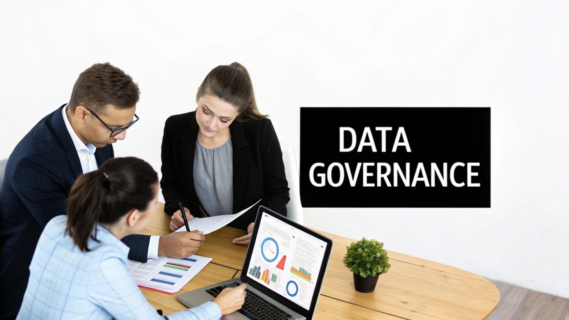 Three business professionals collaborating on data governance, analyzing charts on a laptop in an office.