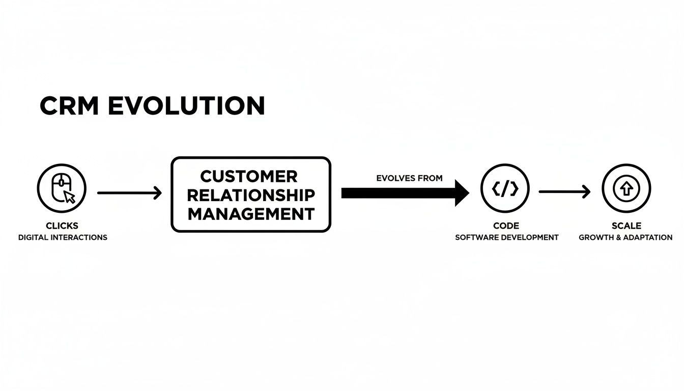 A diagram illustrates the CRM evolution from digital interactions to customer relationship management, software development, and scaling.