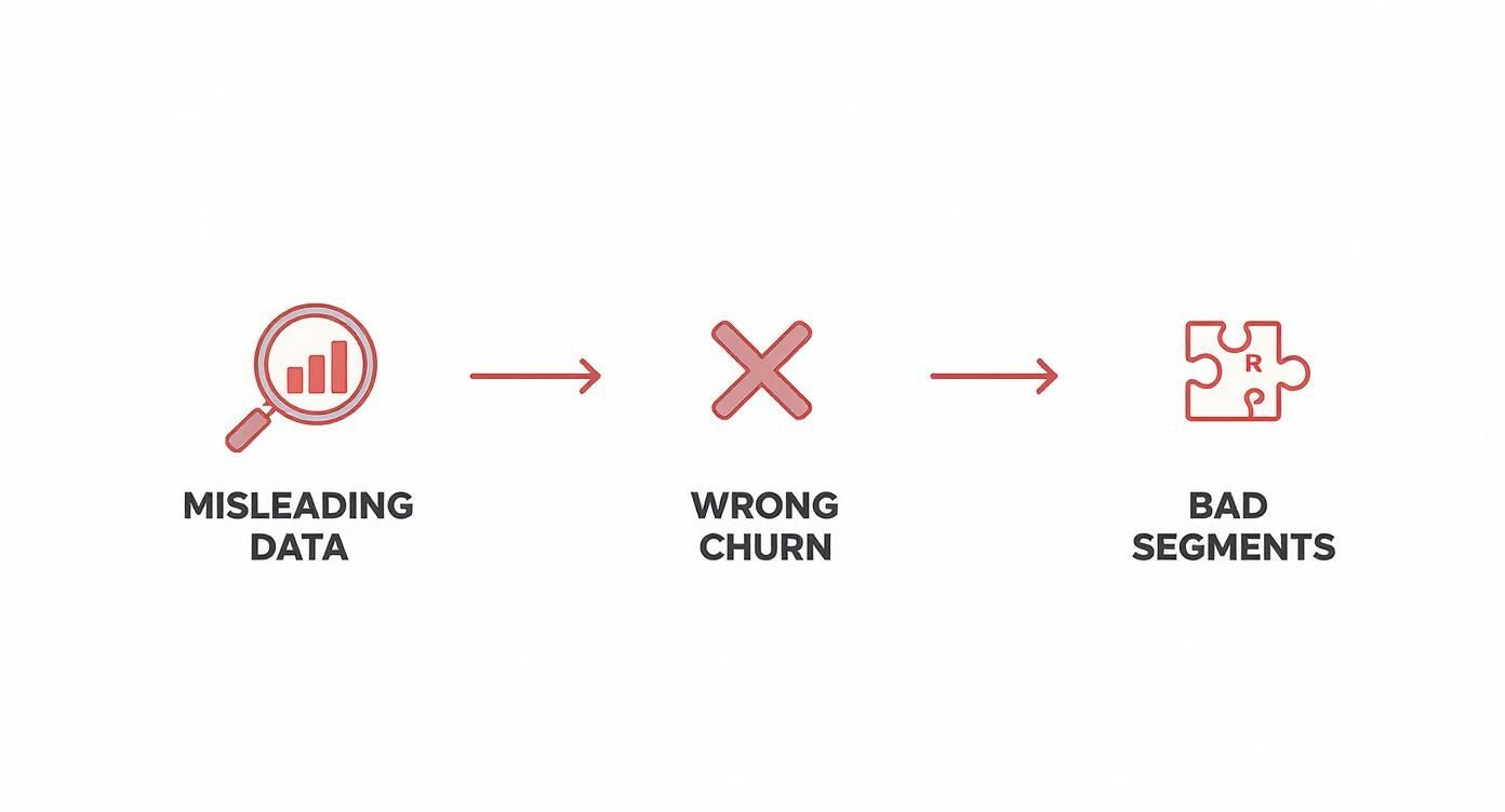 A diagram showing that misleading data leads to wrong churn and bad customer segments.