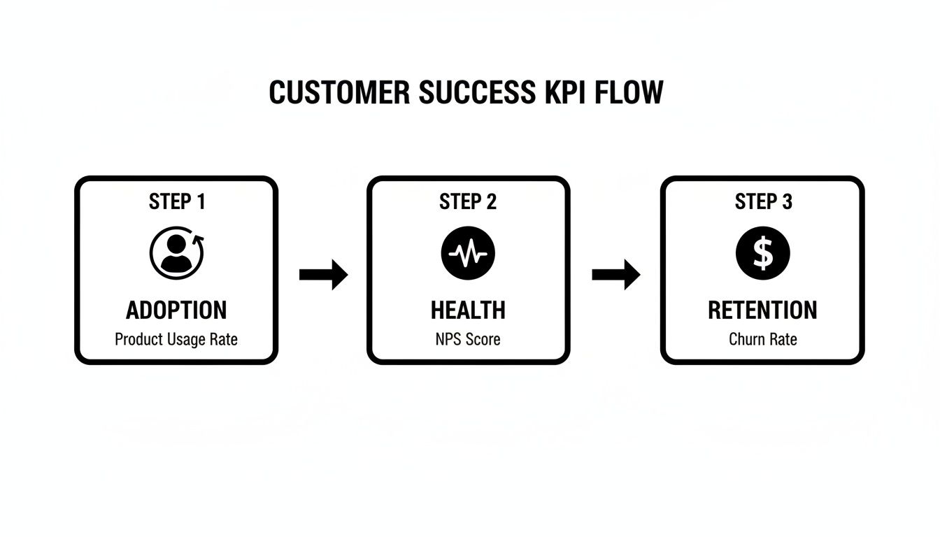 A flowchart illustrating the customer success KPI flow, highlighting adoption, health, and retention metrics.