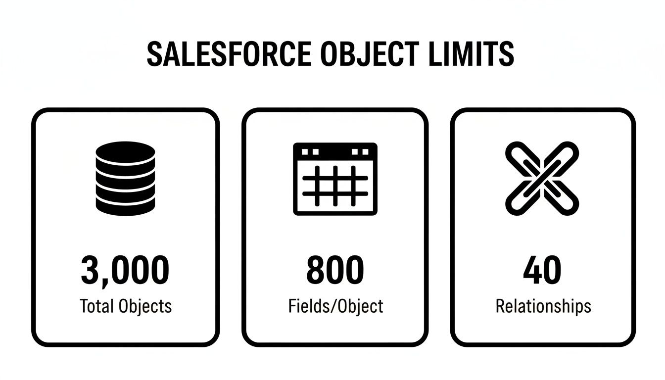 An infographic detailing Salesforce object limits, showing 3,000 total objects, 800 fields per object, and 40 relationships.