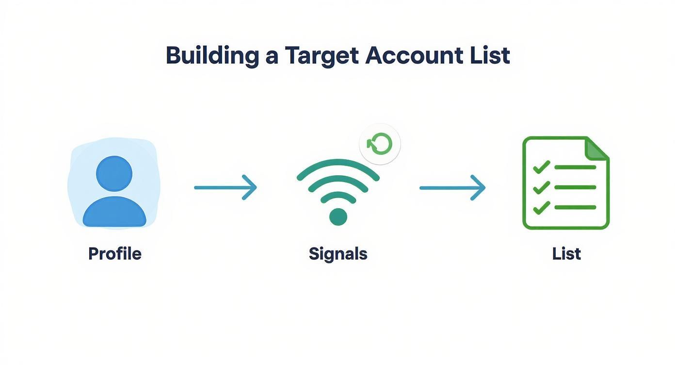 Infographic showing the process flow of building a target account list with three steps: Profile, Signals, and List.