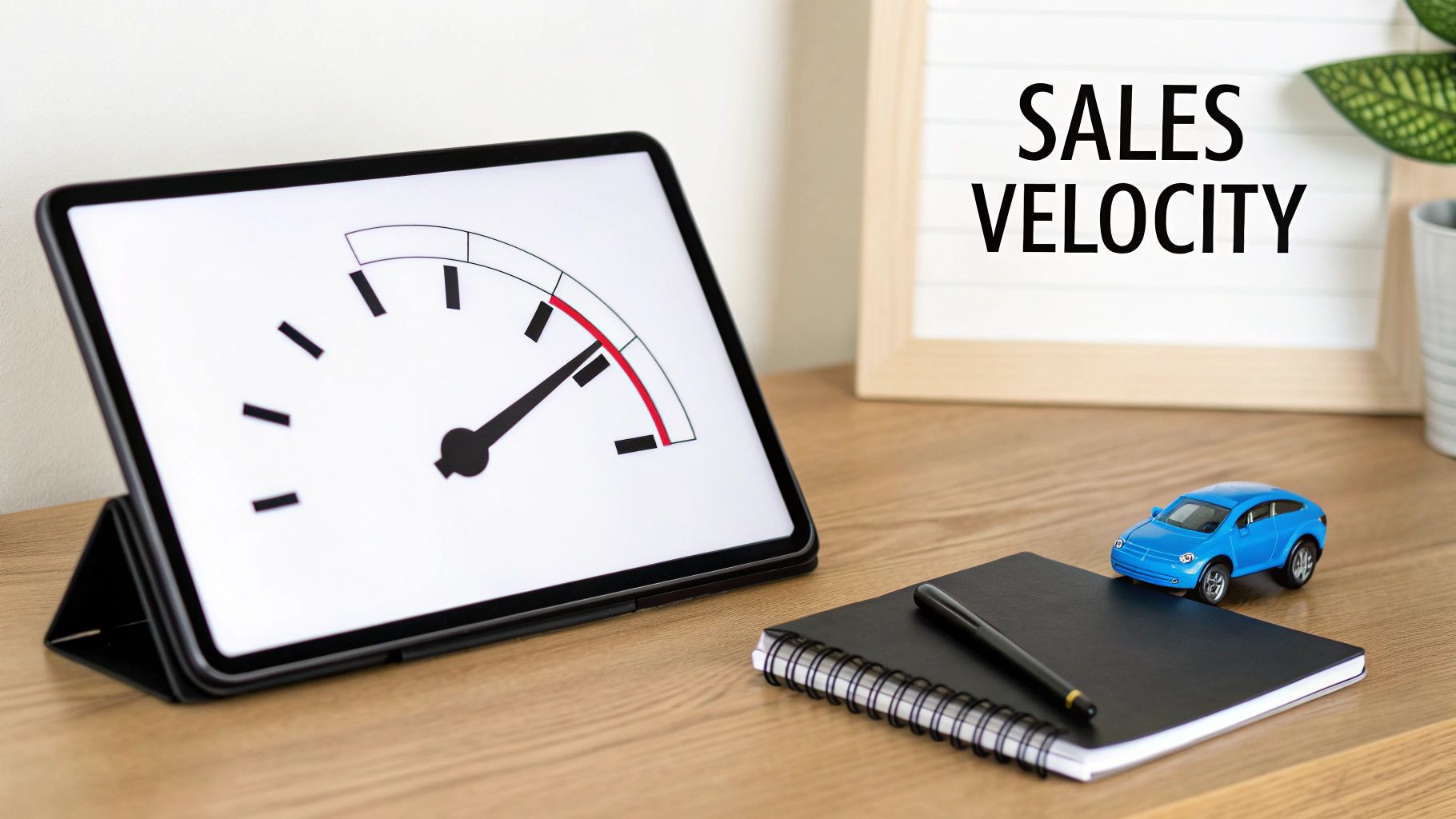 A tablet shows a speedometer in red, next to a 'SALES VELOCITY' sign, a toy car, and a notebook on a desk.