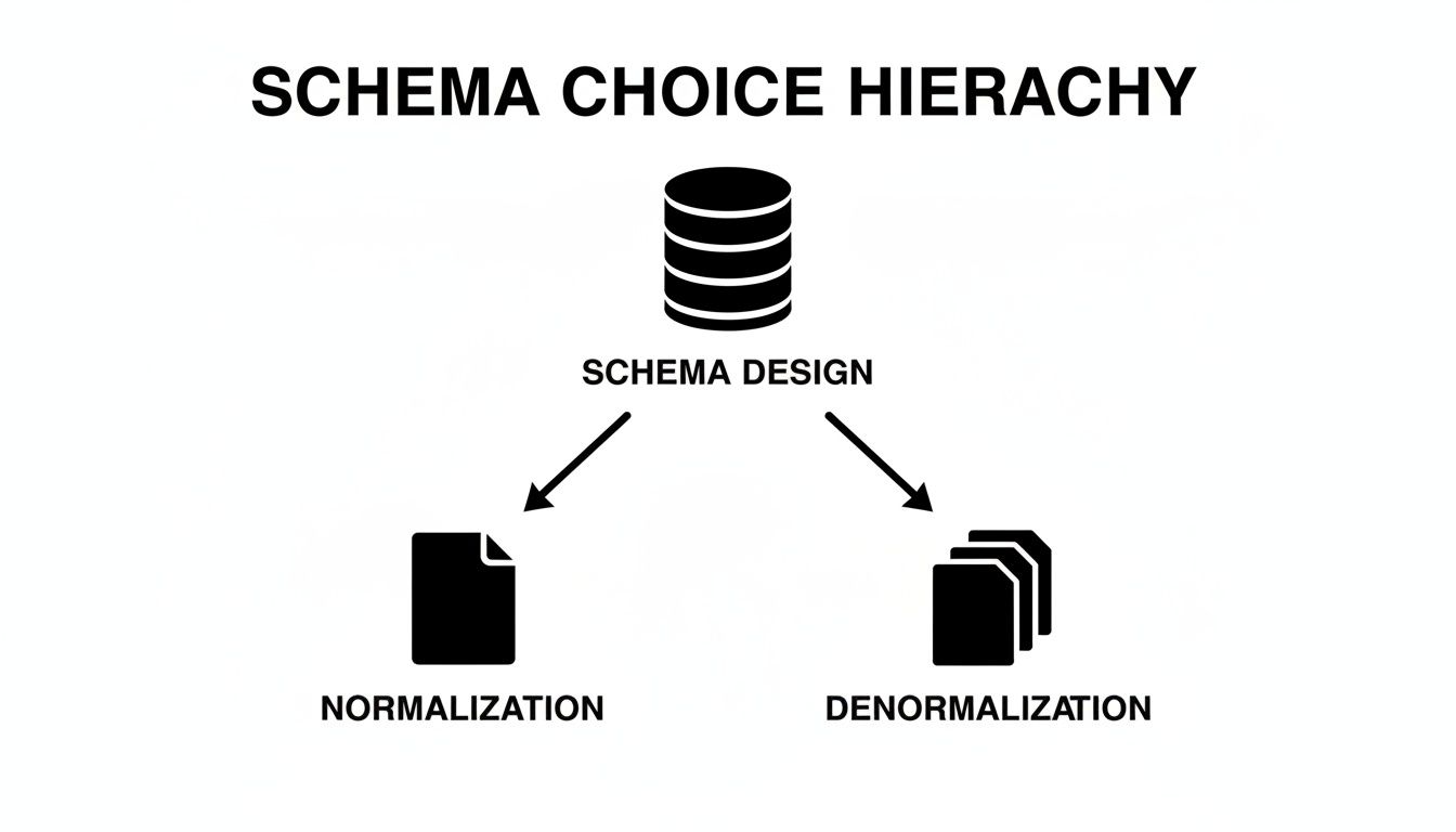 A schema choice hierarchy diagram illustrating database schema design options: normalization or denormalization.