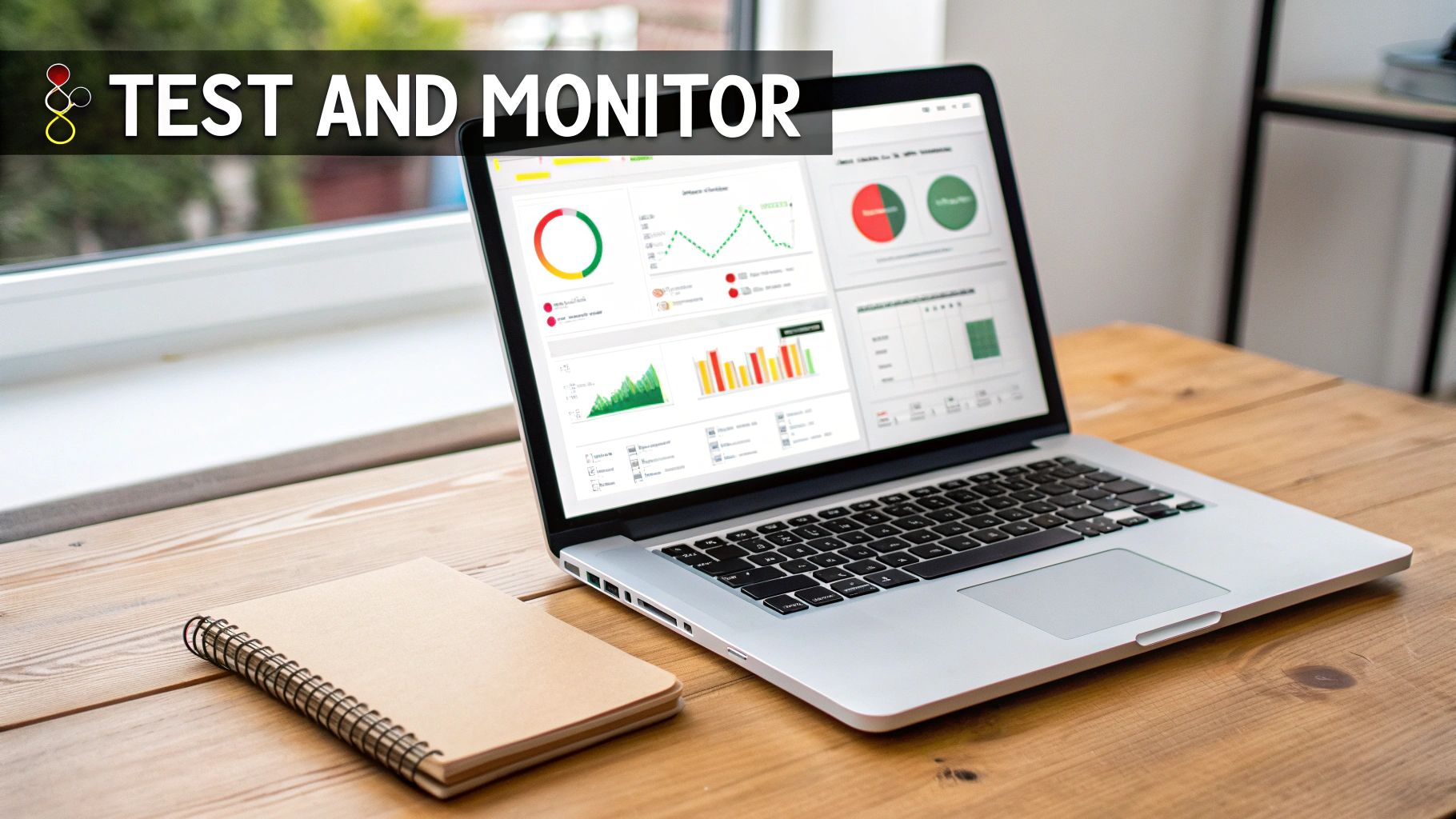 Laptop displaying business analytics dashboards with charts, graphs, and a notebook on a wooden table.