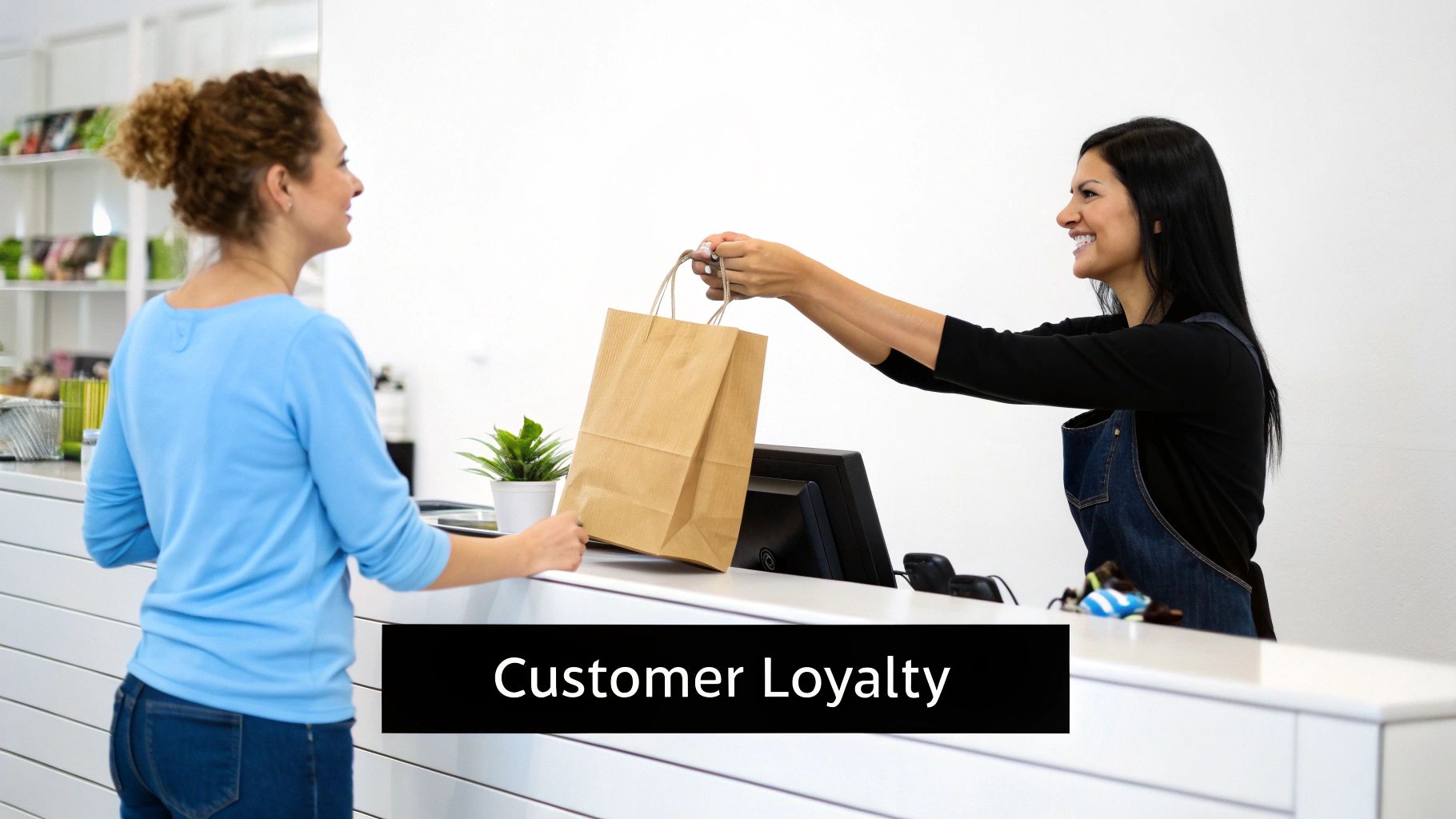 A team member happily interacting with a customer, with CRM interface elements overlaid.