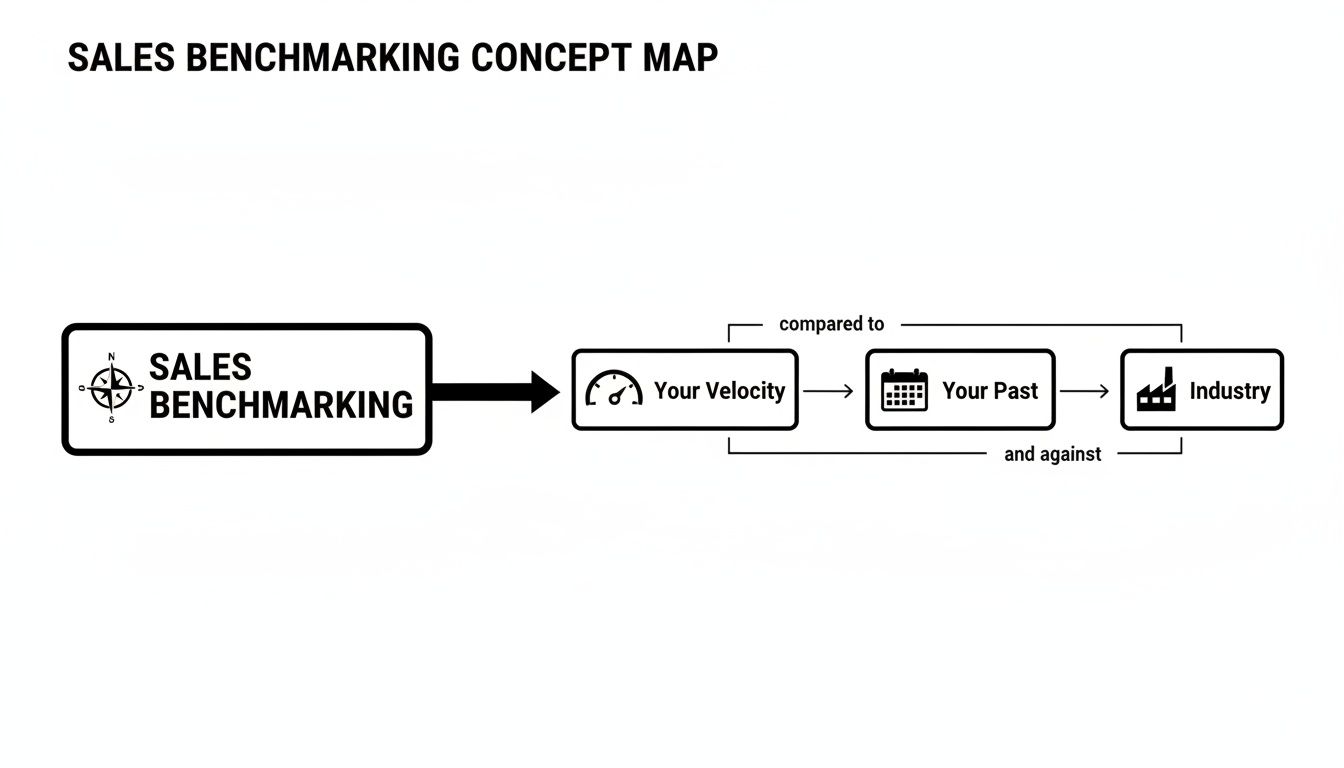 A sales benchmarking concept map illustrating how to compare your velocity against your past and the industry.