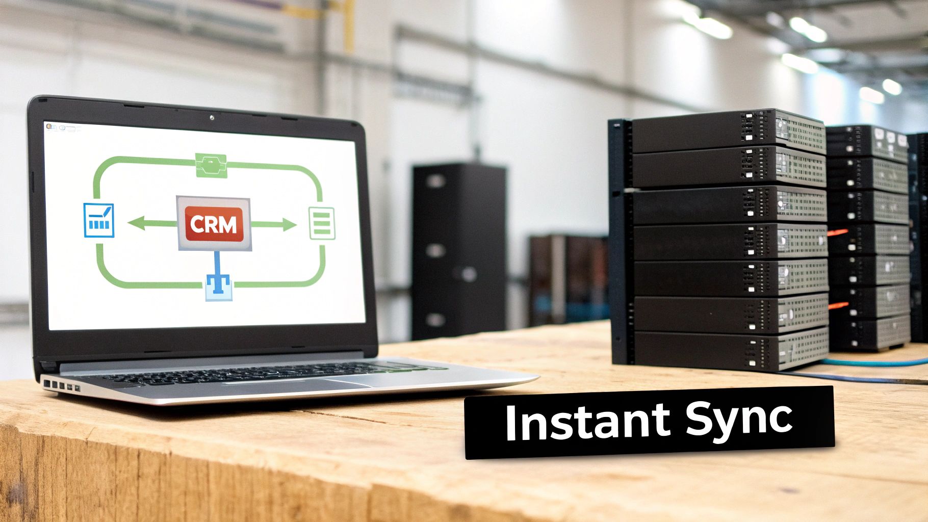 A laptop displays a CRM data integration diagram next to server stacks and an 'Instant Sync' sign.