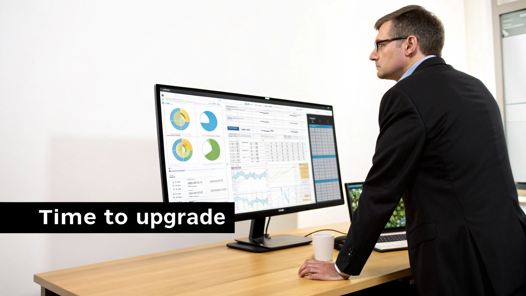 A professional man in a suit analyzes data on a large computer monitor displaying charts and graphs.