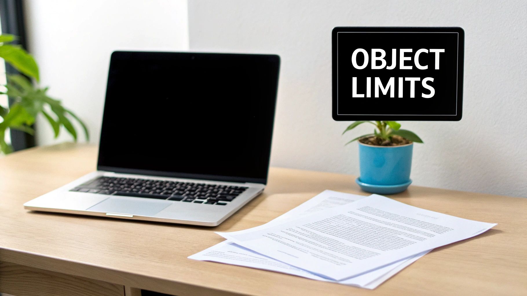 A clean desk with a silver laptop, white papers, a potted plant, and a 'OBJECT LIMITS' sign.