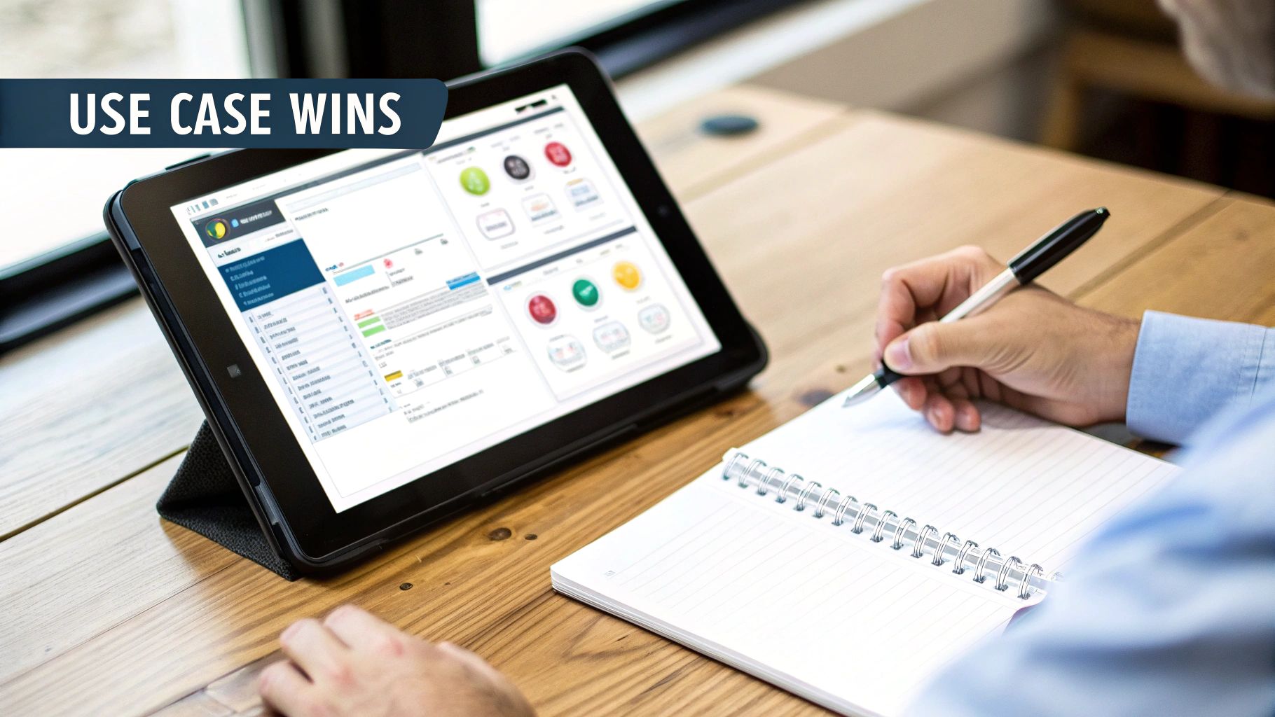 A person writing notes in a notebook at a wooden desk, viewing a tablet dashboard.