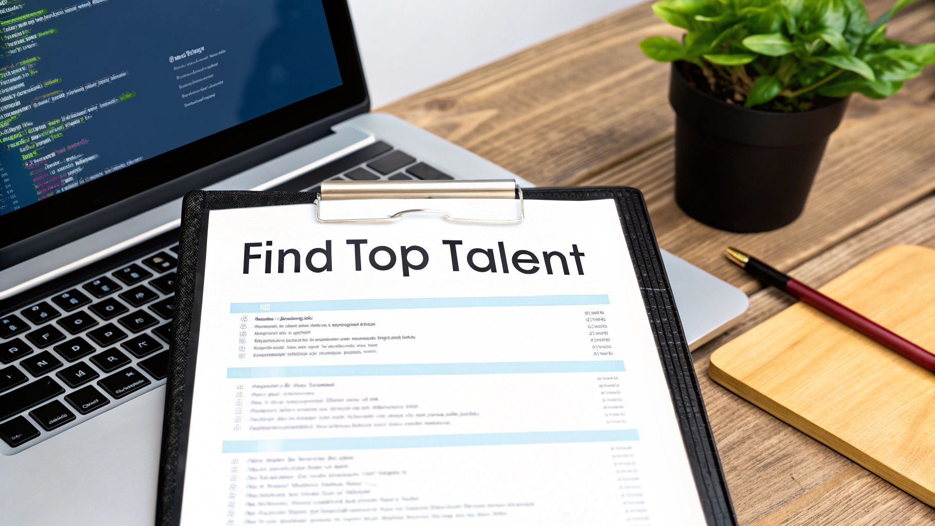 A laptop with code, a clipboard displaying 'Find Top Talent,' a potted plant, and a pen on a wooden desk, symbolizing recruitment.
