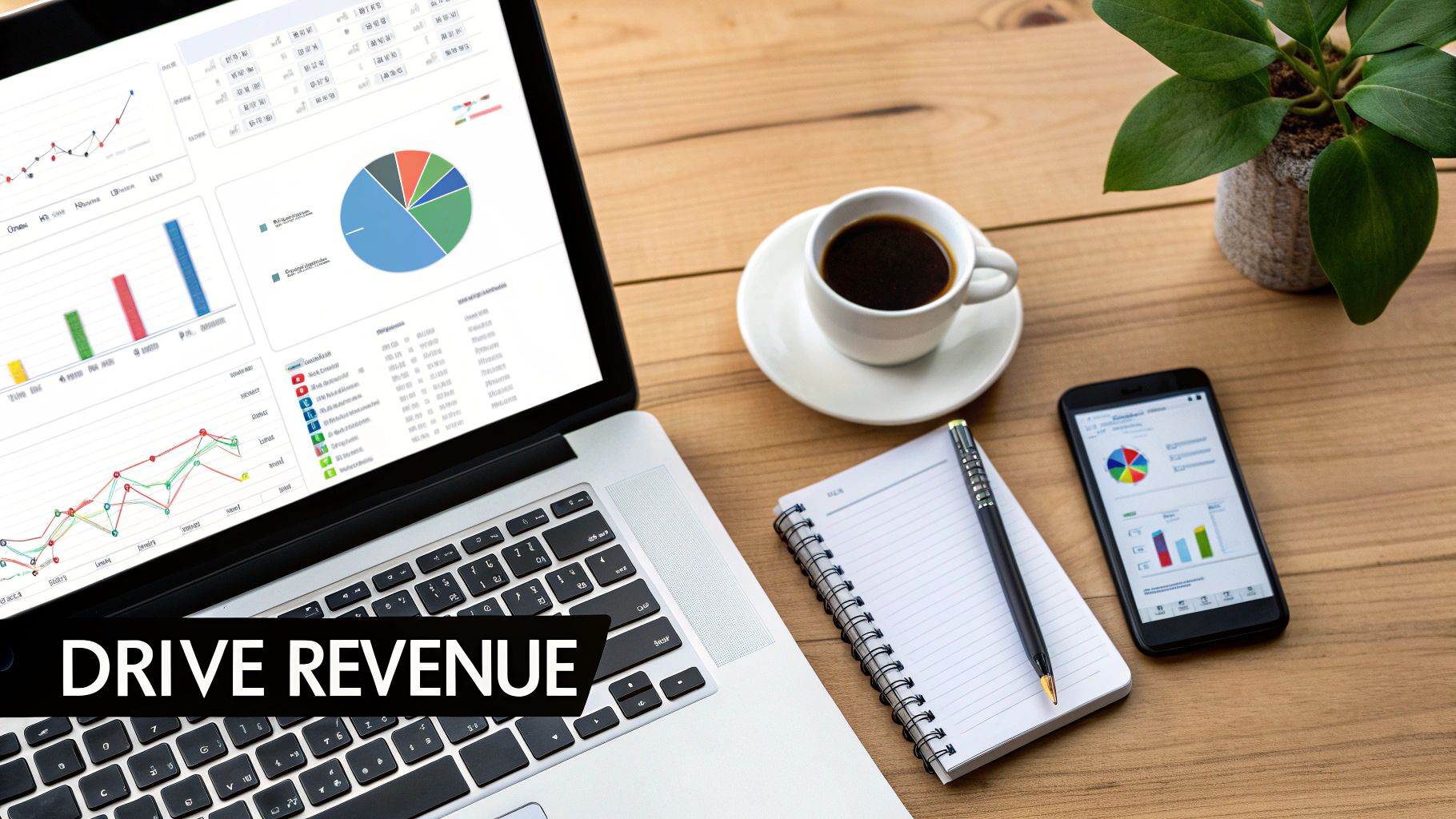 A sales dashboard in a CRM showing increasing revenue charts and graphs.