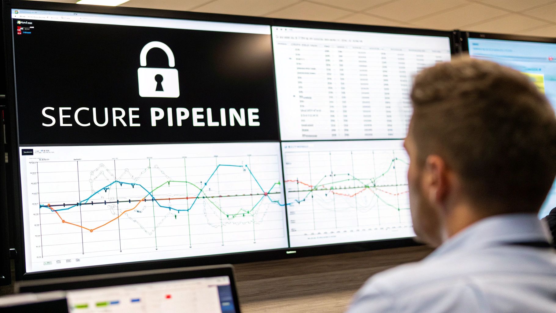A person monitors multiple screens displaying a secure pipeline icon, data, and graphs.