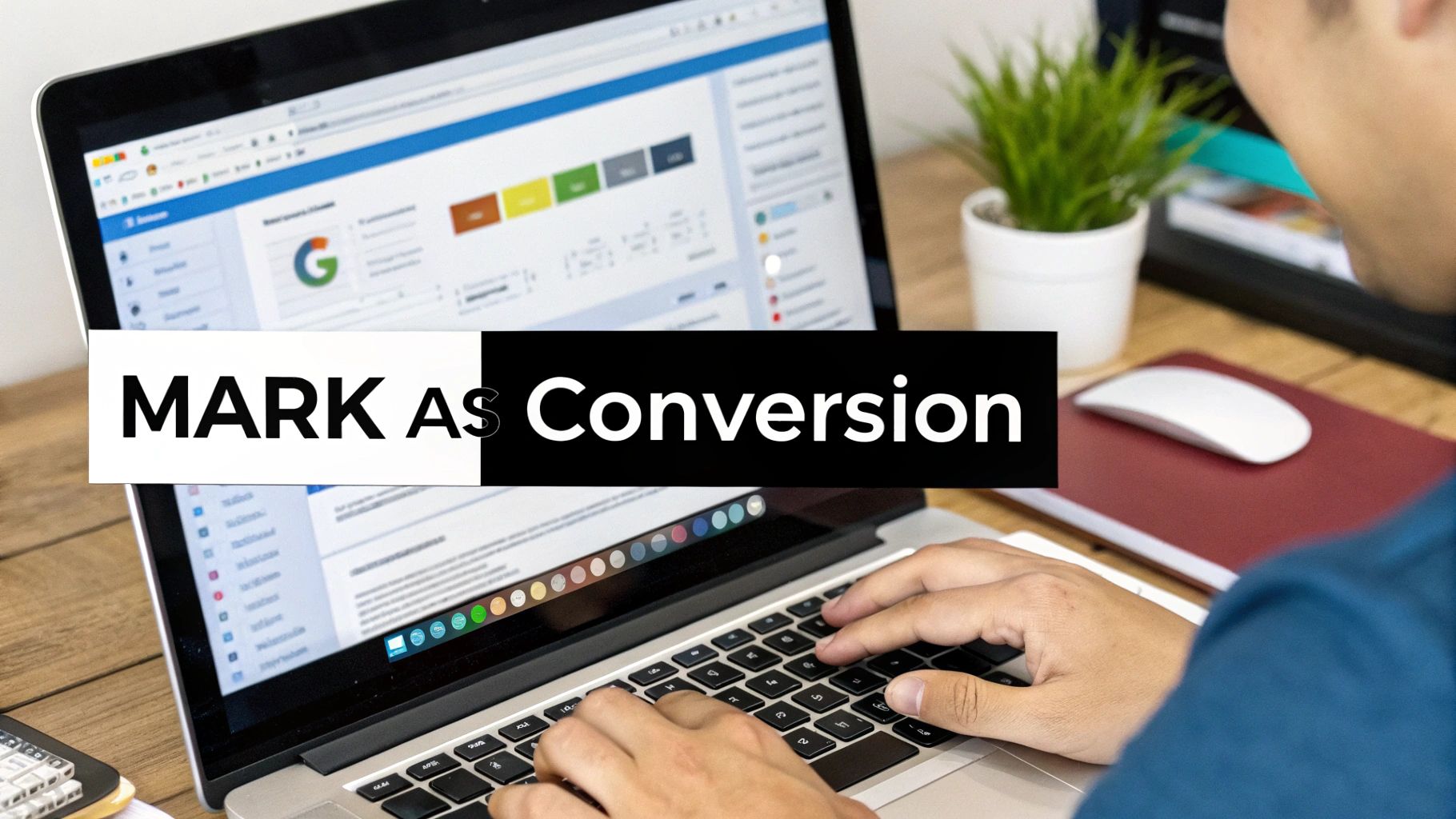 Person using laptop to track Google Analytics conversion data with colorful dashboard displayed on screen