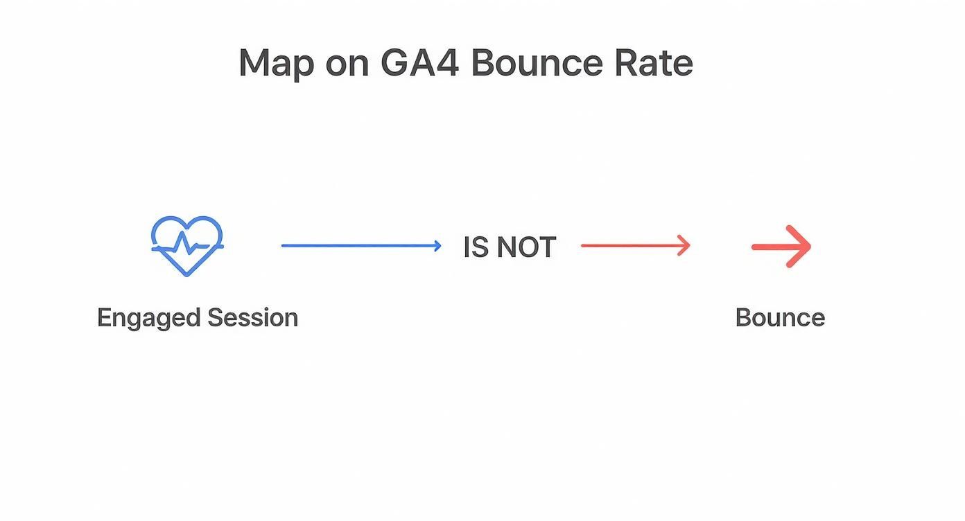 Diagram showing engaged session is not counted as bounce in Google Analytics 4