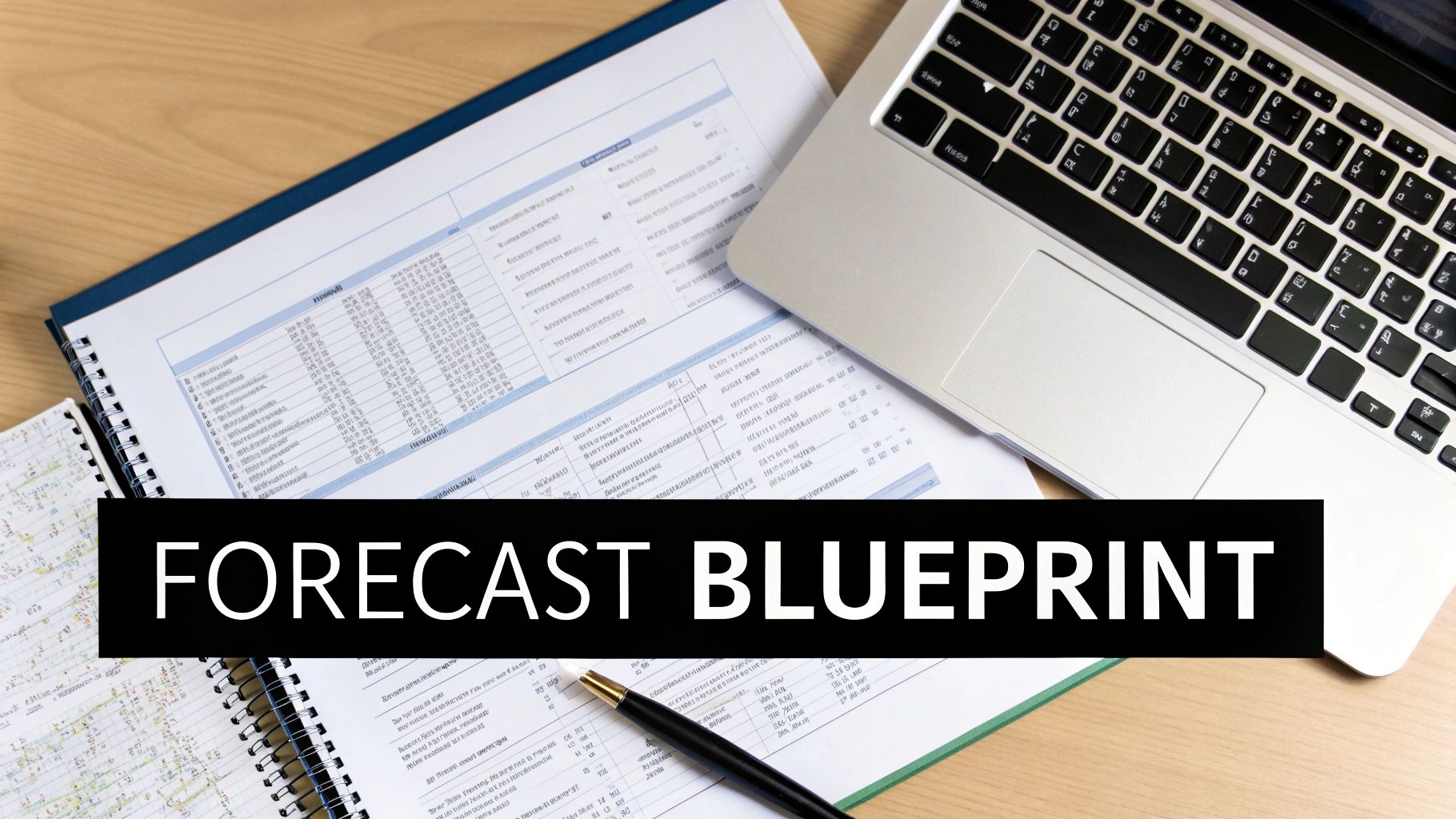 A blueprint document with charts and graphs laid out on a table, symbolizing a structured plan for sales forecasting.