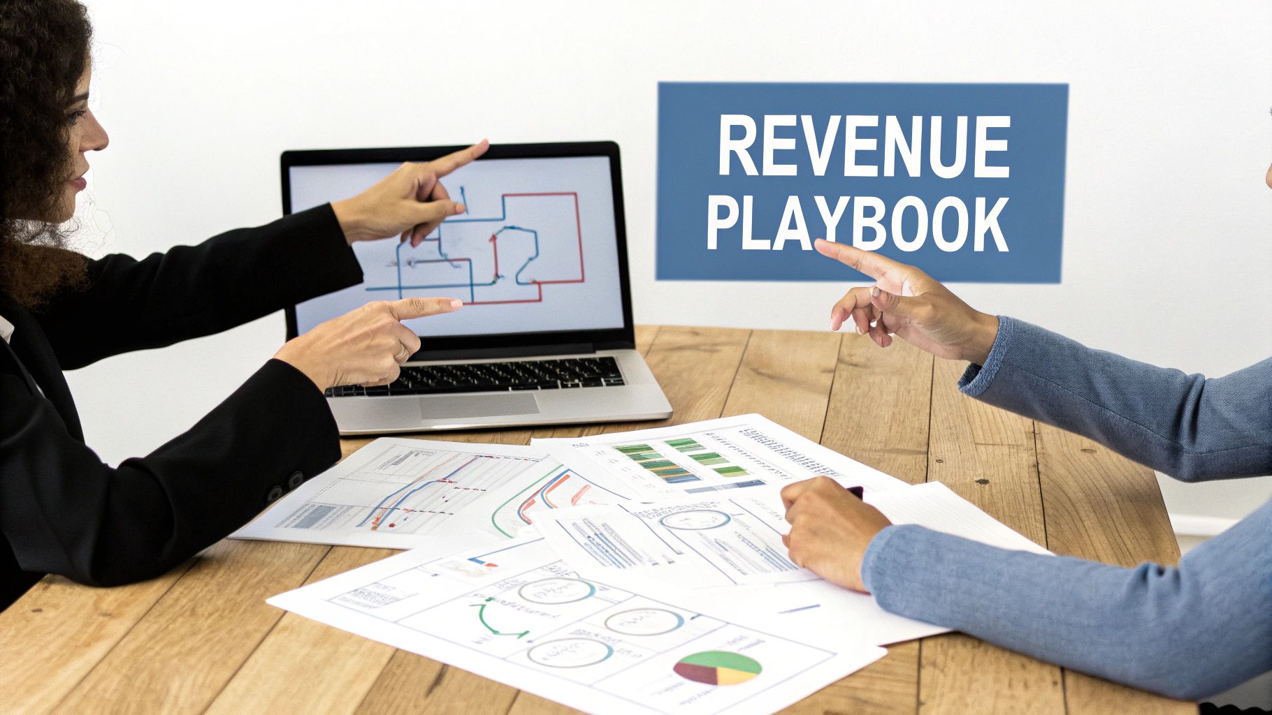 Two business professionals discussing a "Revenue Playbook" and analyzing data on a laptop and papers.