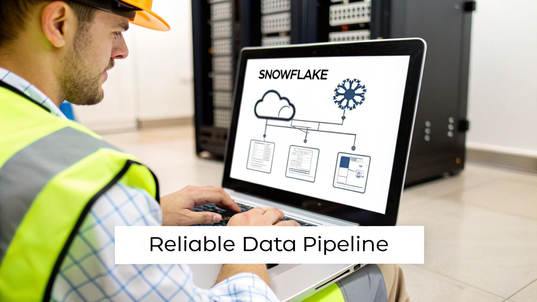 A man in a hard hat and safety vest works on a laptop displaying a Snowflake data pipeline diagram.