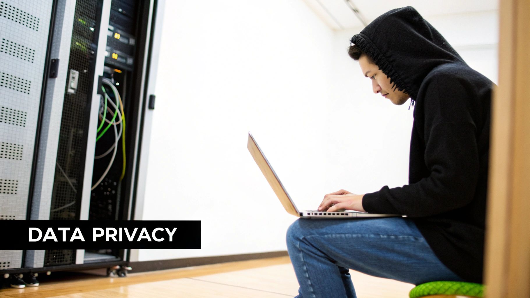 A person in a black hoodie uses a laptop next to server racks with visible cables, implying data privacy.