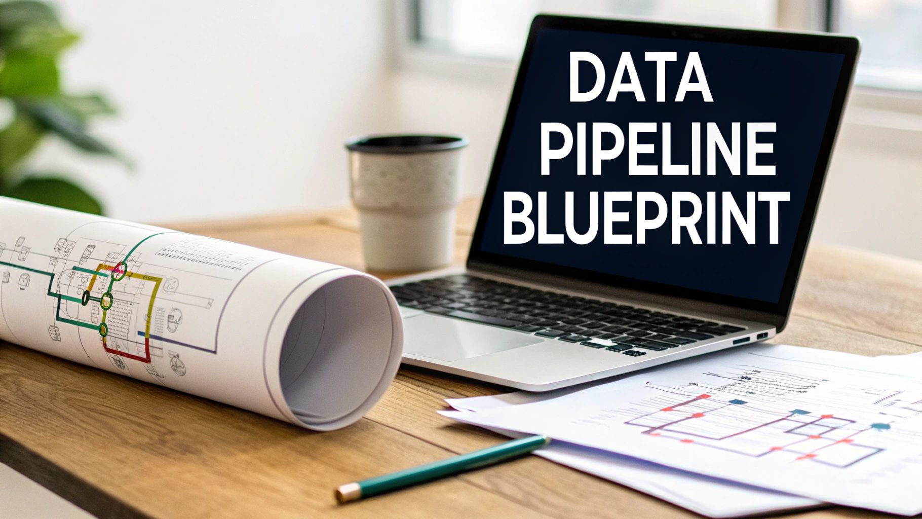 A laptop screen displaying 'DATA PIPELINE BLUEPRINT' next to rolled and flat diagrams on a wooden desk.