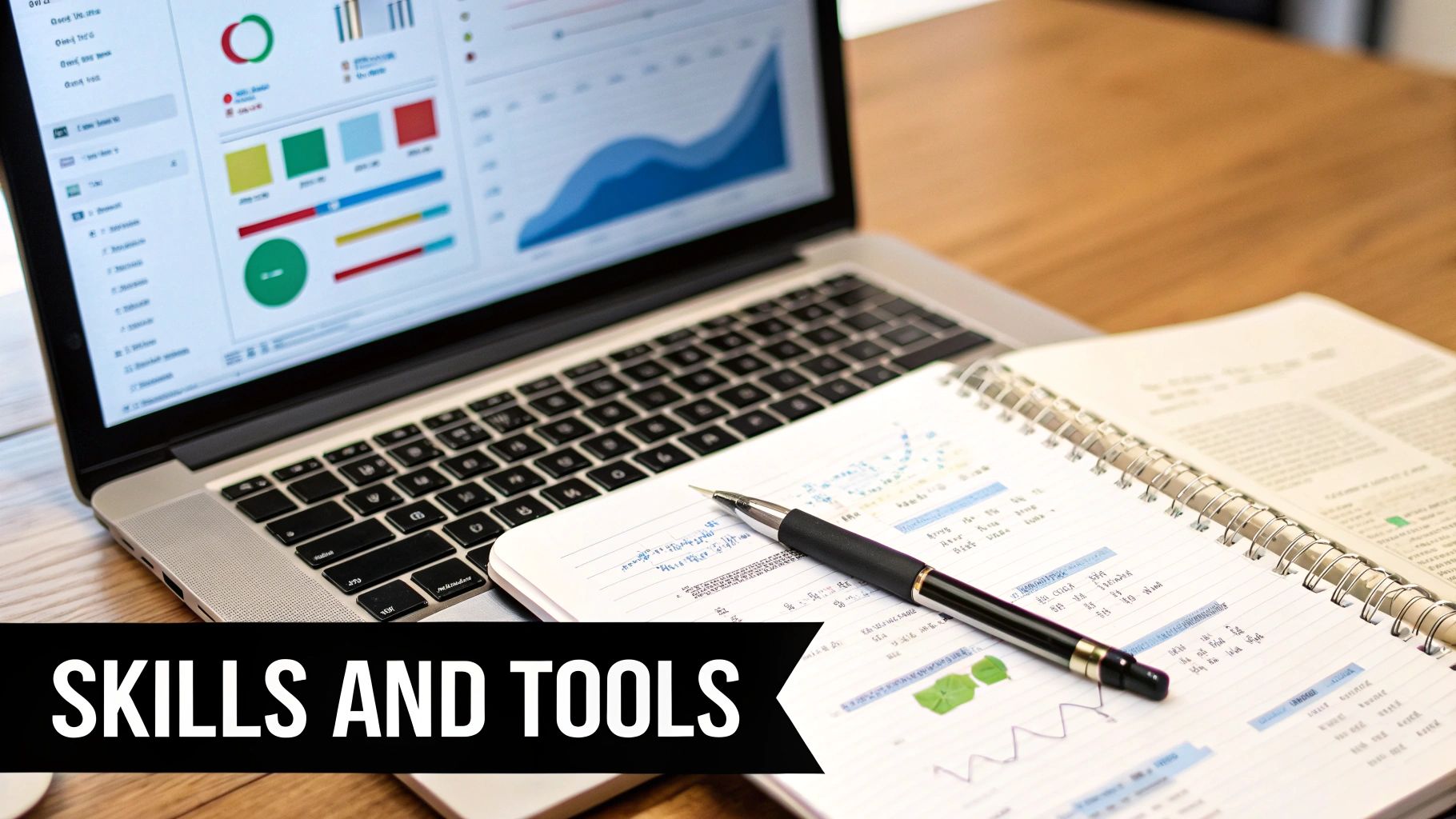 Laptop displaying business analytics, a notebook with notes, and a pen on a wooden desk, with 'SKILLS AND TOOLS' text.