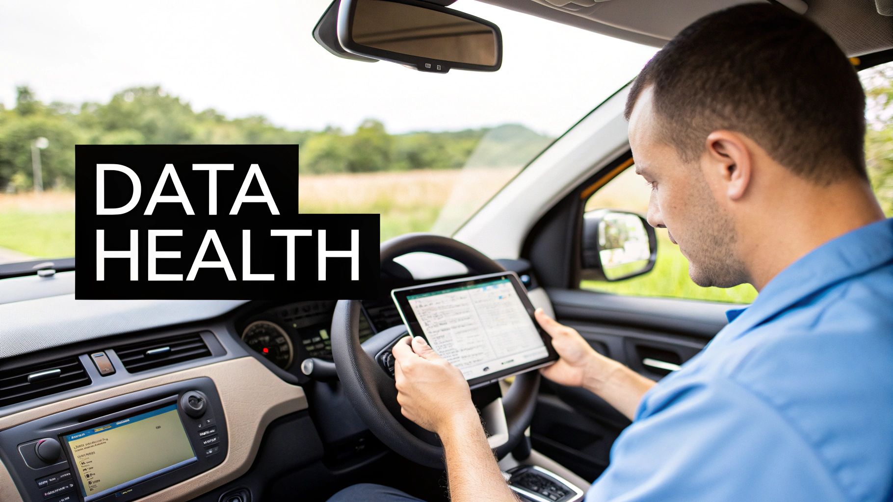 A man in a car reviewing data on a tablet, with a 'DATA HEALTH' text overlay.