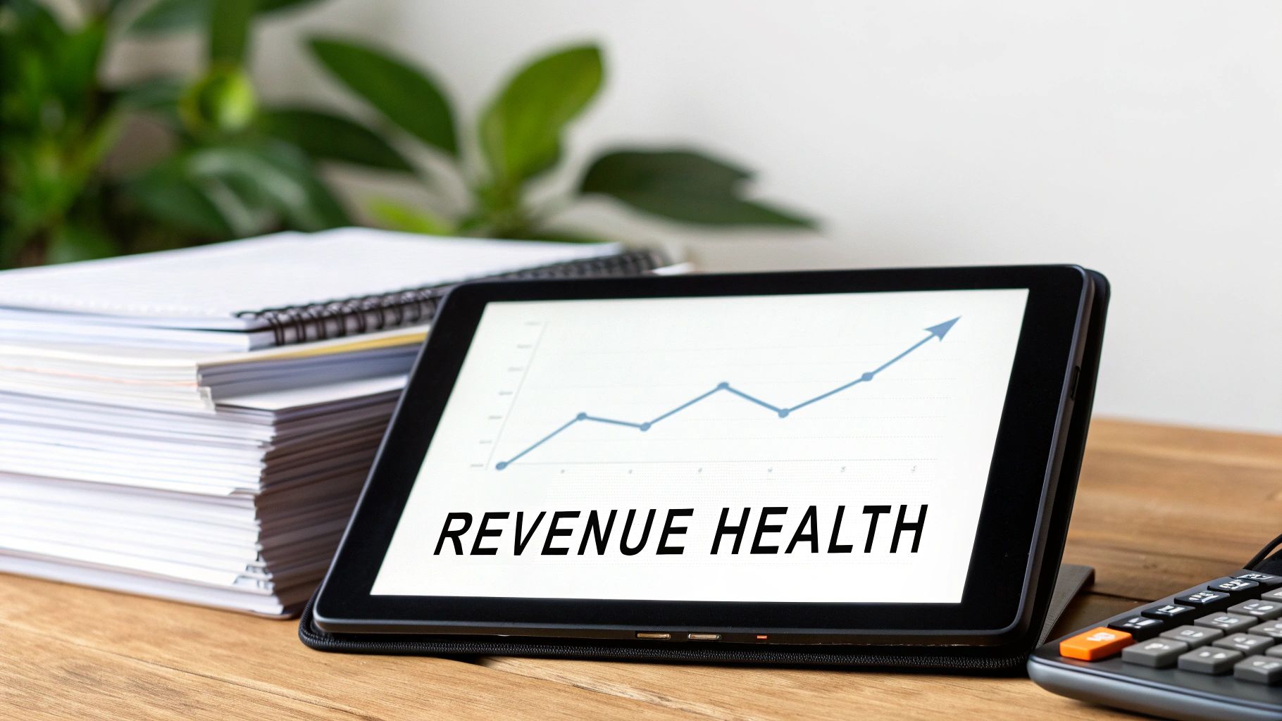 A tablet displays a 'REVENUE HEALTH' graph with an upward trend, beside stacked documents and a calculator.