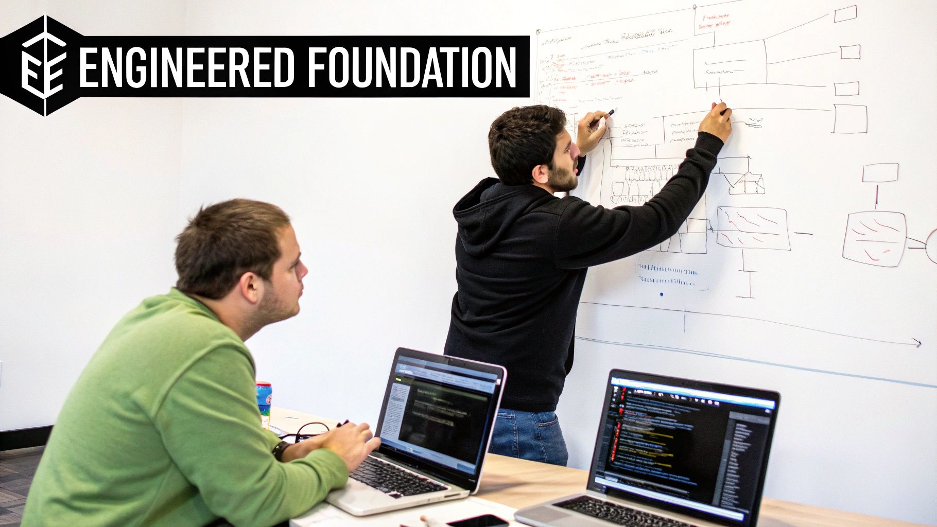 Two men collaborating in an office, one drawing on a whiteboard, the other typing on a laptop.