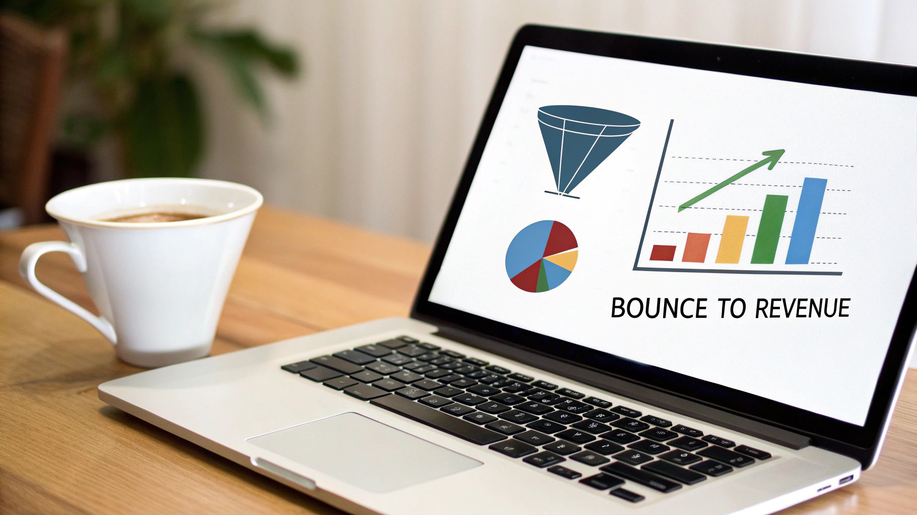 Laptop displaying bounce to revenue analytics presentation with colorful charts and funnel diagram on wooden desk