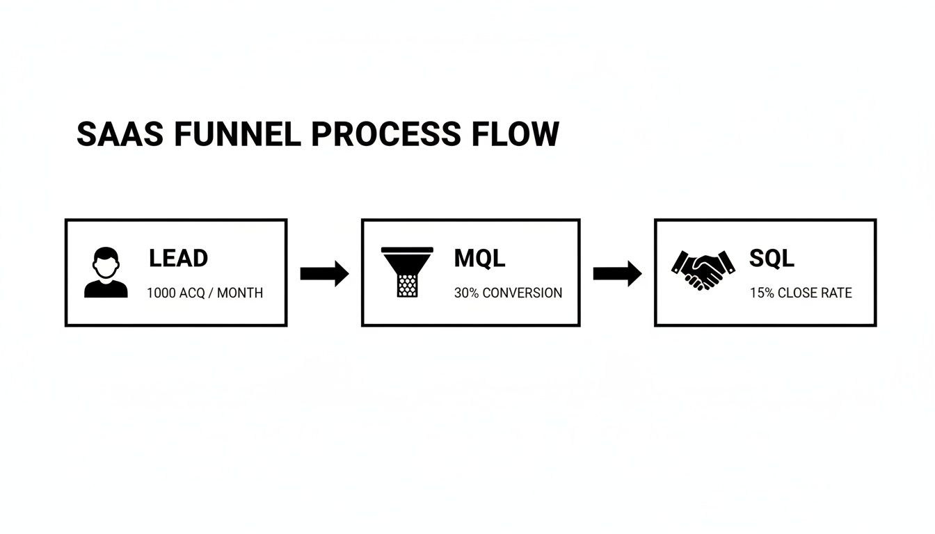 SAAS sales funnel process flow illustrating lead acquisition, MQL conversion, and SQL close rates.