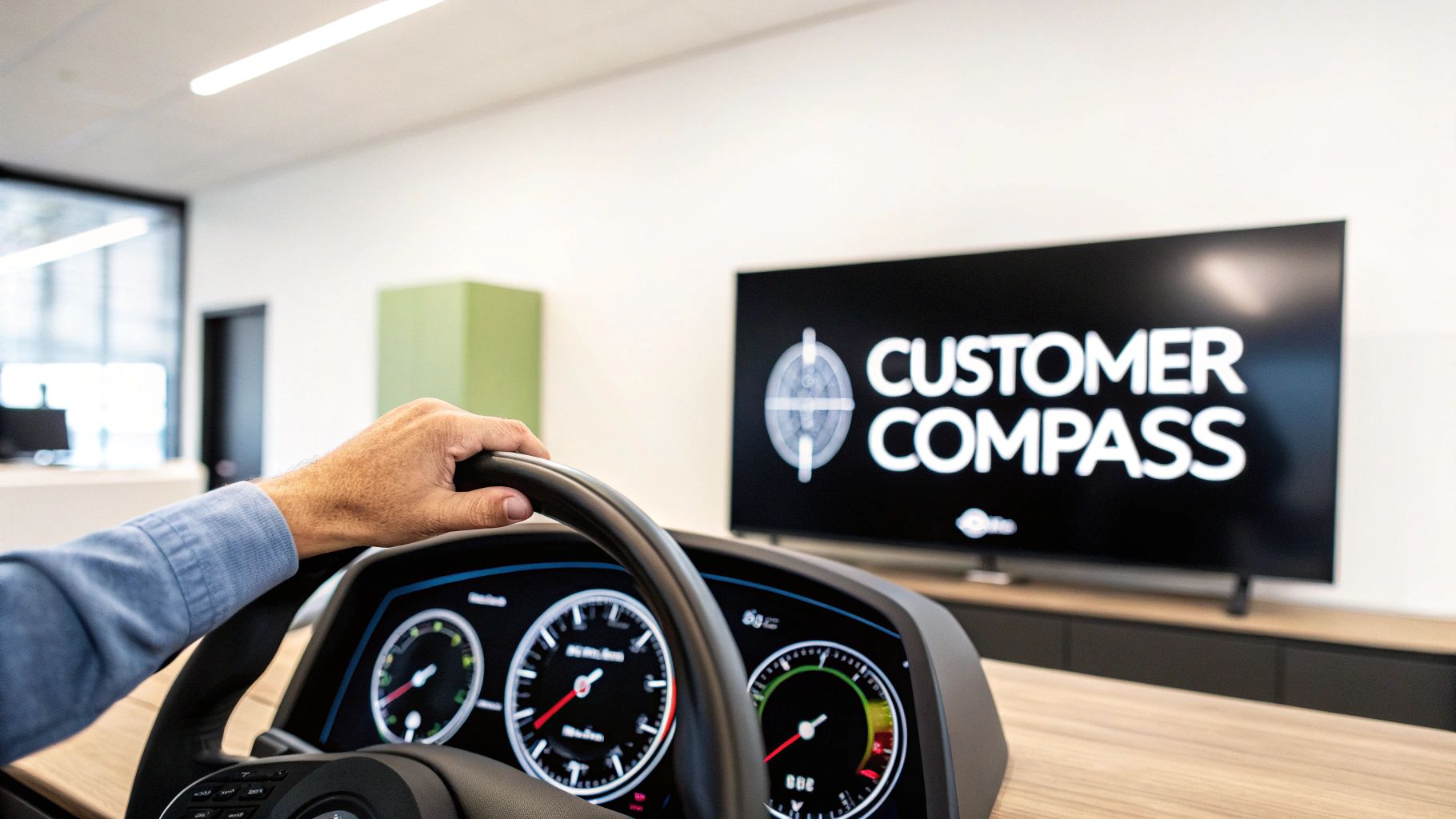 A hand on a simulator steering wheel with a digital dashboard and 'CUSTOMER COMPASS' displayed on a large screen.