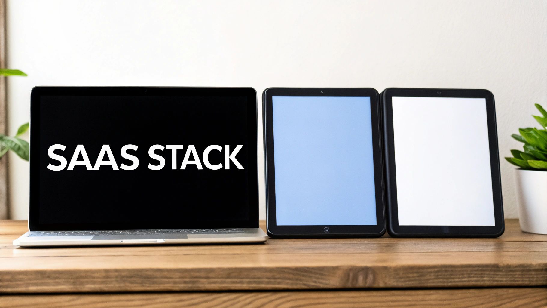 Laptop displaying SAAS STACK text on screen next to two tablets on wooden desk