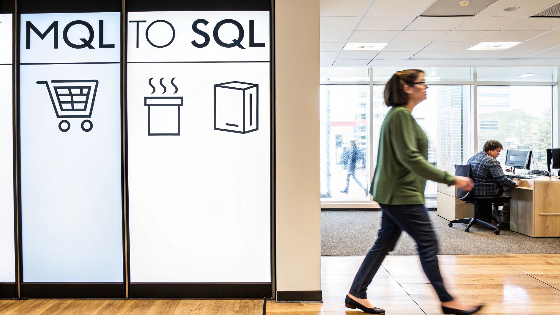 Office signage showing MQL to SQL conversion with shopping cart and package icons in modern workplace