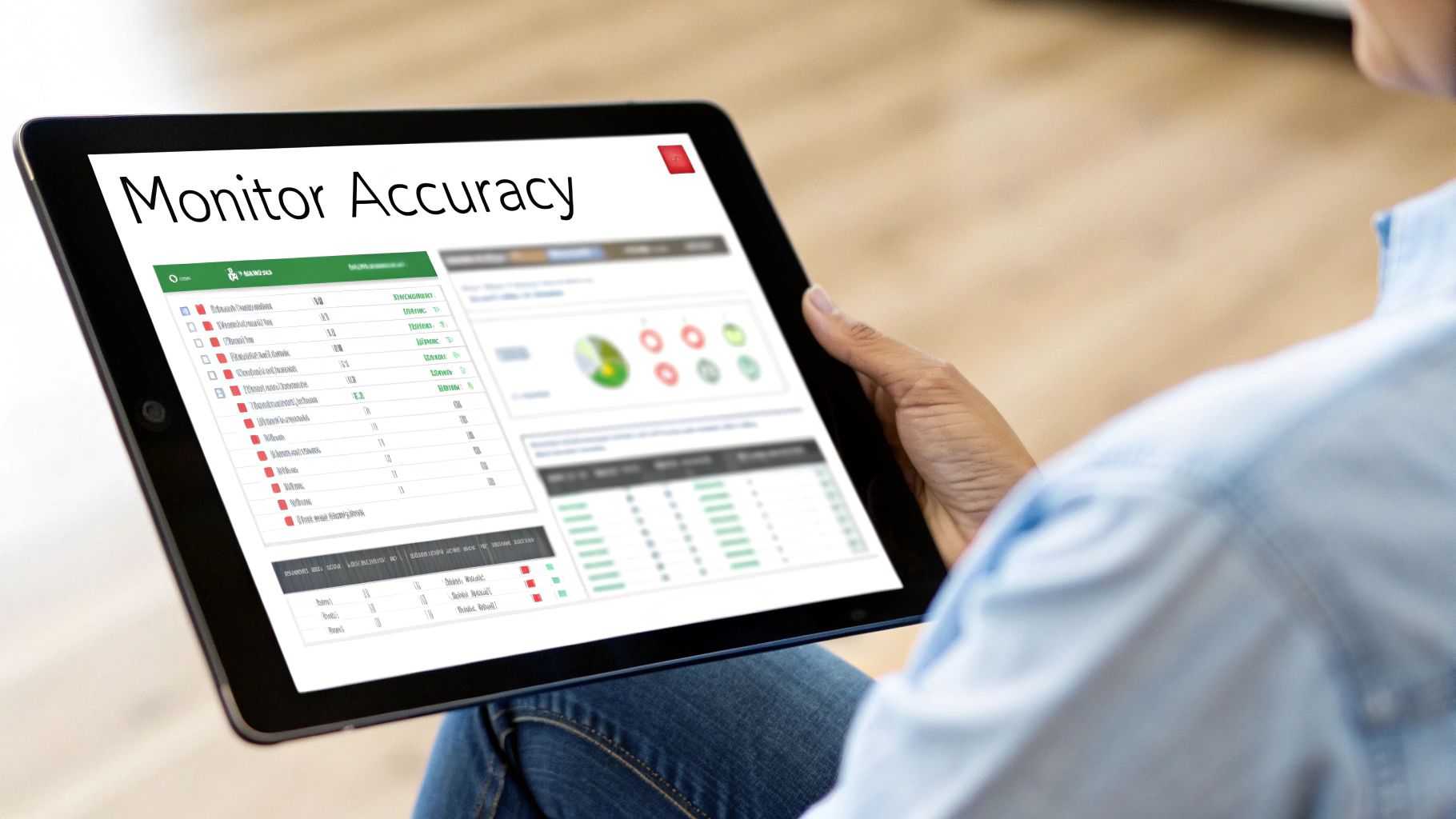 A person holds a tablet displaying a data analytics dashboard titled 'Monitor Accuracy'.