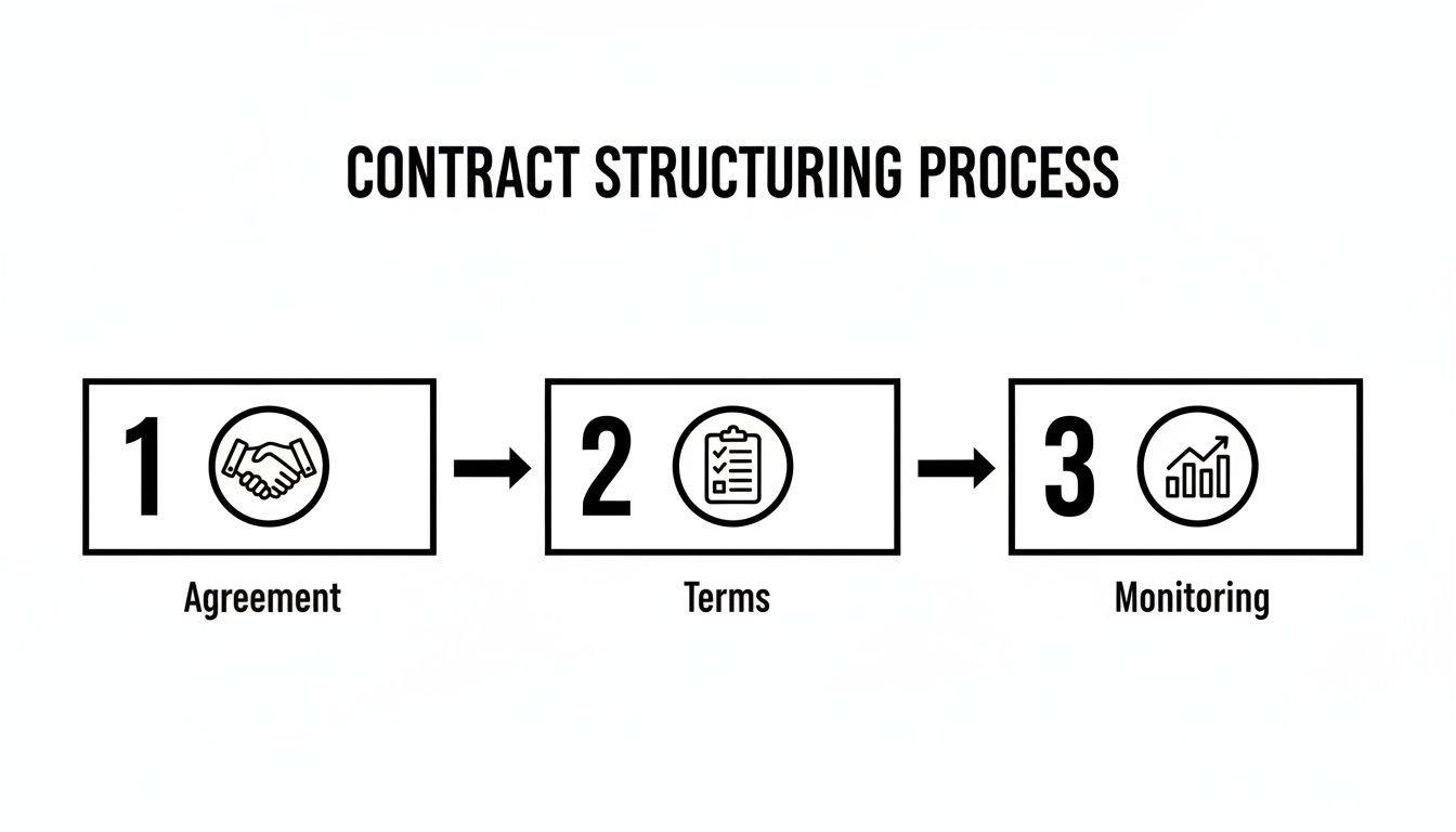 A flowchart illustrating the three-step contract structuring process: agreement, terms, and monitoring.