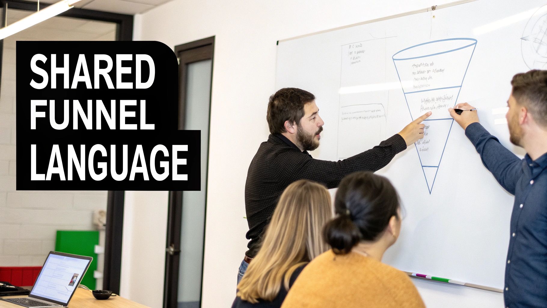Professionals collaborate on a sales funnel diagram drawn on a whiteboard during a business meeting.