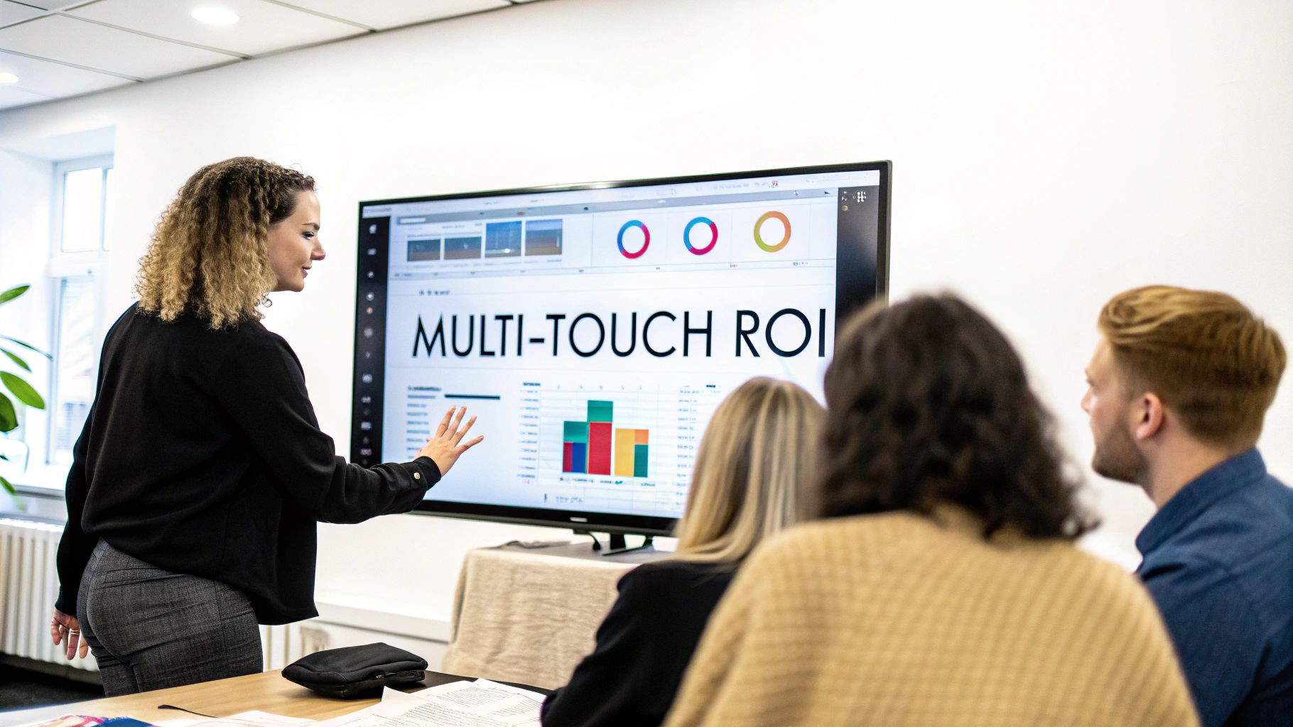 A woman presents 'MULTI-TOUCH ROI' data on a large screen to colleagues in a meeting.