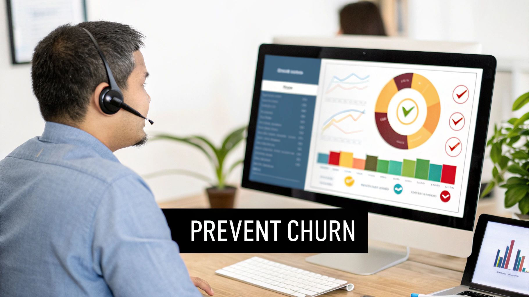 An illustration of a customer success manager looking at a dashboard with customer health scores, proactively identifying at-risk accounts.