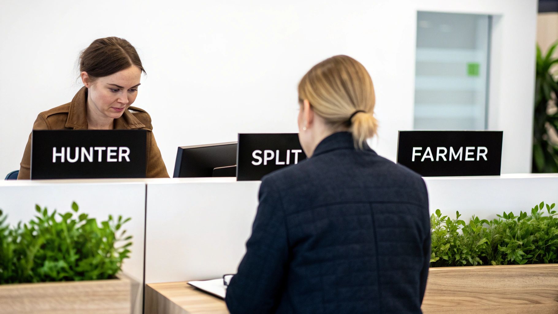 Two individuals at an office counter with 'Hunter', 'Split', and 'Farmer' signs, suggesting different roles.