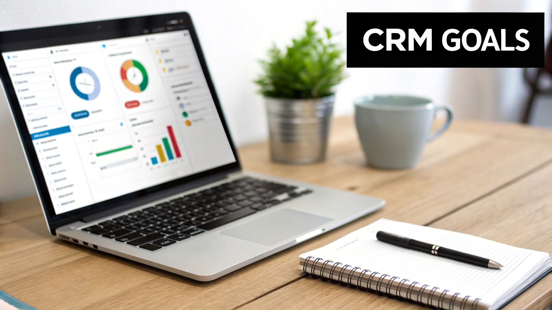 A team collaborating around a computer screen displaying CRM data and charts.