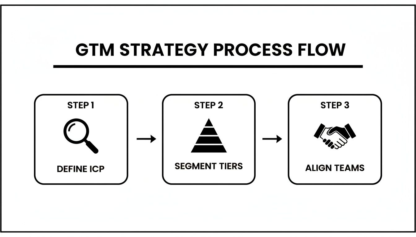 GTM strategy process flow outlining three steps: Define ICP, Segment Tiers, and Align Teams.