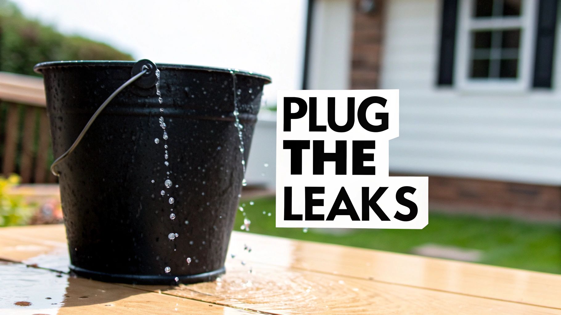 A black bucket leaks water onto a wooden table, with the text 'PLUG THE LEAKS' next to it.